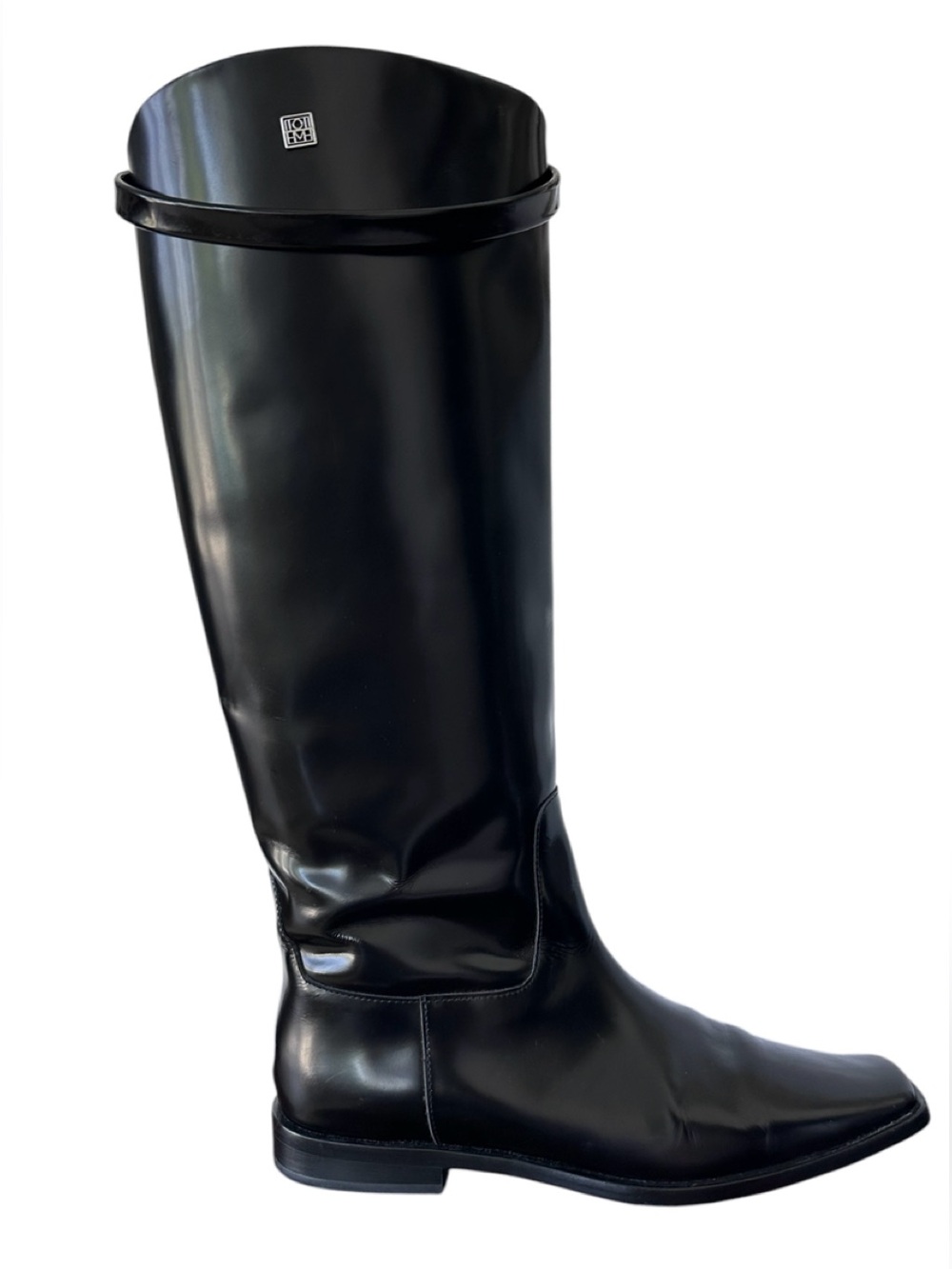 Toteme Women’s The Riding Boots Glossy Black Leather + Calf Strap Detail EU 40